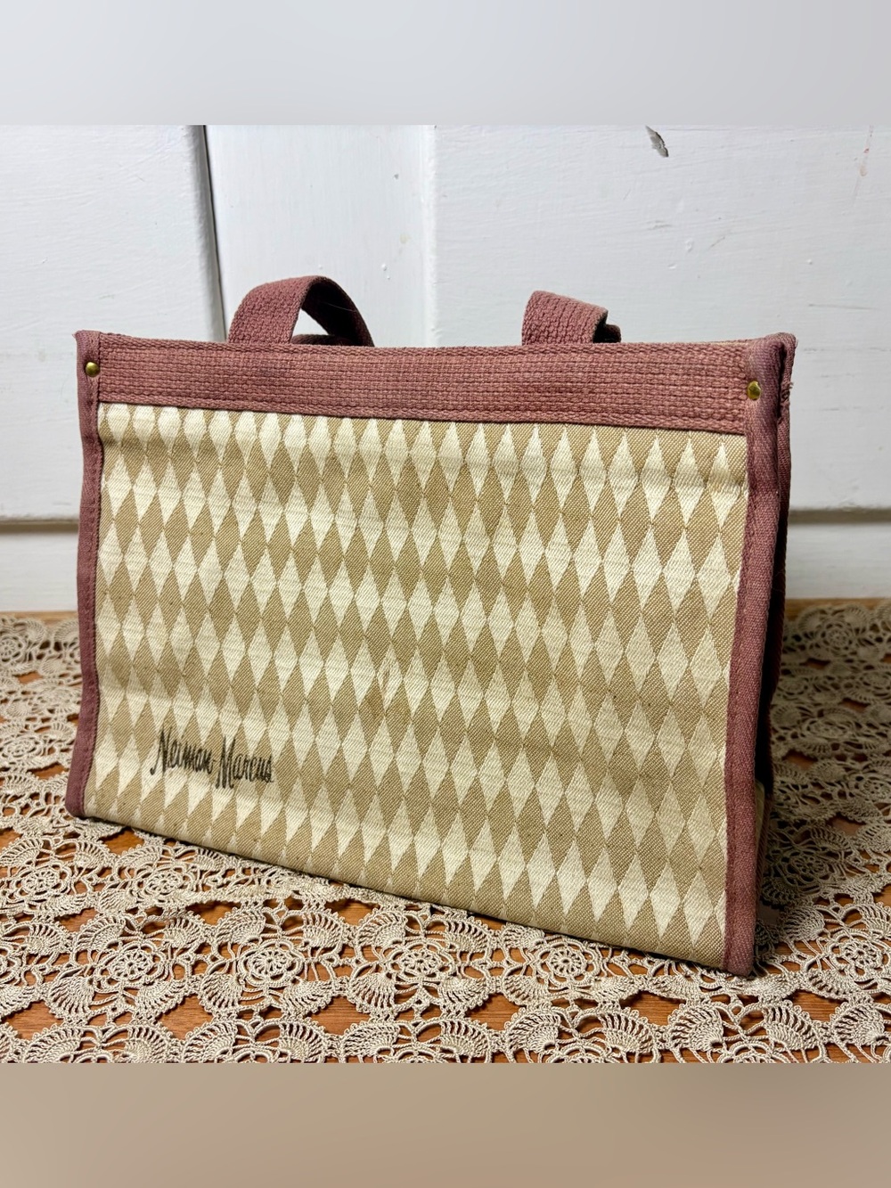 Vintage 60s/70s Neiman Marcus Canvas Fabric Harlequin Print Pink Trim Tote Bag